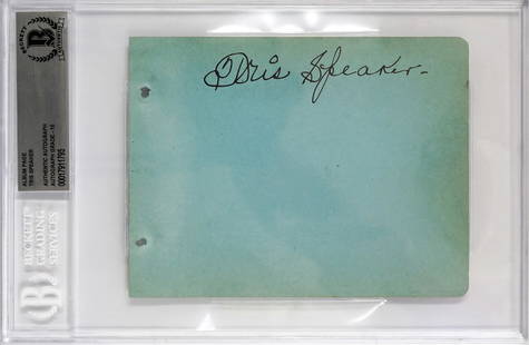 Tris Speaker Autographed Album Page BAS 10: Tris Speaker Autographed Album Page. Beckett Auto Grade 10. Authenticated and encapsulated by Beckett Authentication Services #00017911795. Autograph album page measures 4.375 x 5.75 inches. For