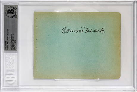 Connie Mack Autographed Album Page BAS 9: Connie Mack Autographed Album Page. Beckett Auto Grade 9. Authenticated and encapsulated by Beckett Authentication Services #00017911801. The side opposite Connie Mack is signed by Monte Pearson.