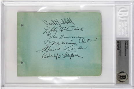 1934 New York Giants Autographed Album Page: 1934 New York Giants Baseball Team Autographed Album Page. Signed on both sides with 11 signatures total. Authenticated and encapsulated by Beckett Authentication Services #00017907809. Includes Carl