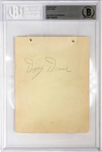 Dizzy Dean Autographed Album Page: Dizzy Dean Autographed Album Page. Authenticated and encapsulated by Beckett Authentication Services #00017909074. Autograph album page measures 4.375 x 5.75 inches. For shipping purposes only; slab