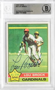 Lou Brock Signed 1976 Topps #10 BAS COA: Lou Brock Signed 1976 Topps #10 BAS COA. Authenticated and encapsulated by Beckett Authentication Services #00017910859. For shipping purposes only; slab measures 5.1875 x 3.3125 x .3125 inches. The