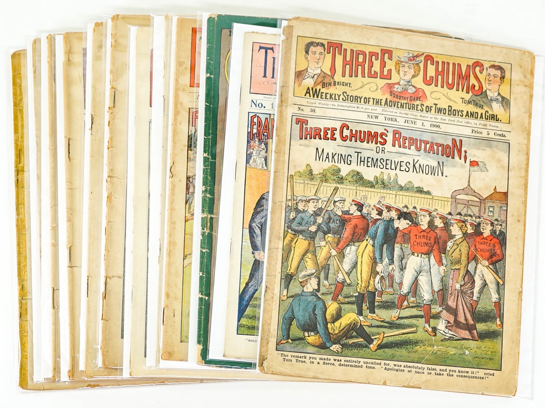 [Baseball Lithography] 1900-1910 Publications (12): [Baseball Lithography] 1900-1910 Publications with Baseball Action Covers (12). Mixed condition. They measure 10.25 x 7 inches to 11.25 x 8 inches. For shipping purposes only; lot measures 11 x 8.5 x 