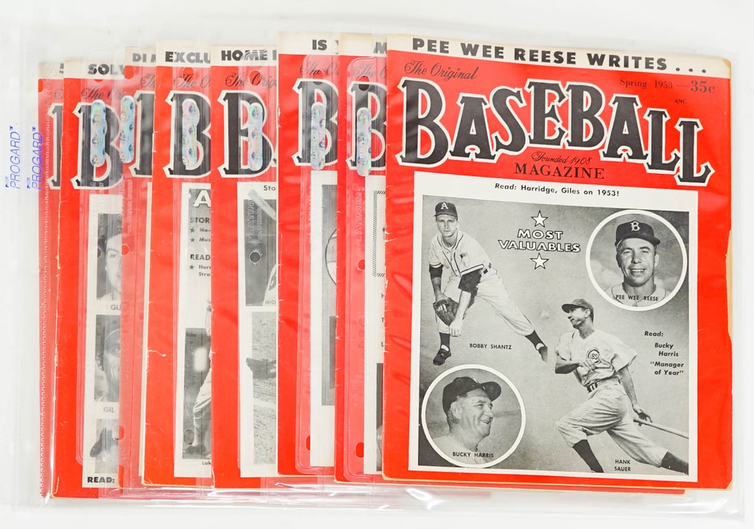 1953 Baseball Magazine (8) Issues [Mickey Mantle]: Eight (8) 1953 issues of Baseball Magazine include: Spring; and May through November 1953. Each with sleeve protector. Provenance : Jay Caldwell collection. Caldwell is a collector who has a passion f