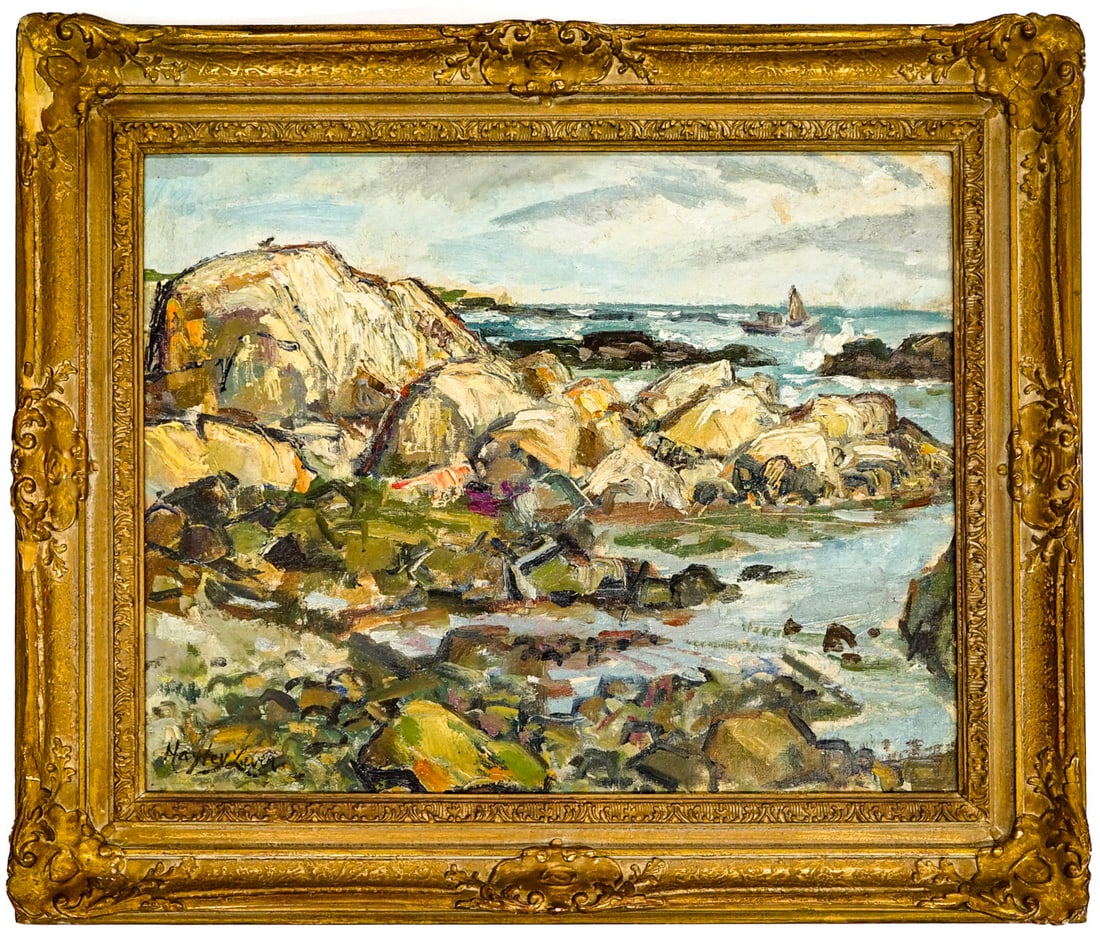 Hayley Lever Oil on Board Framed [Coastal]: Richard Hayley Lever ( American, 1876-1958) oil on artists board. No evidence of inpainting. Signed lower left. Site size measures 15.375 in. x 19.25 in. Frame measures 21.5 in. x 25.5 in. x 2 in. Fra