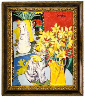 William Crosbie Oil on Canvas [Still Life Flowers]: William Crosbie (UK, 1915-1999) oil on canvas framed. Signed upper right. No evidence of inpainting. Site size measures 23.5 in. x 19.5 in. Frame measures approximately 30.5 in. x 26.5 in. x 1.5 in.