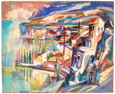 Karoly Patko Oil on Board 1930 [Village]: Karoly Patko (Hungarian, 1895-1941) oil on board signed and dated 1930 lower right. Measures 19.5 in. x 23.5 in. x .25 in. Painting on board measures 19.5 in. H x 23.5 in. W x .5 in. D for shipping