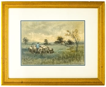A. T. Bazane Watercolor Framed [Shepherd, Sheep]