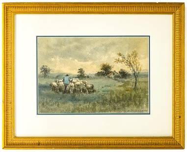 A. T. Bazane Watercolor Framed [Shepherd, Sheep]: A. T. Bazane (American, 1846-1921) watercolor framed. Site size measures 6.625 in. x 9.625 in. Frame measures 12.625 in. x 15.625 in. x 1 in. Watercolor framed measures 12.625 in. H x 15.625 in. W x