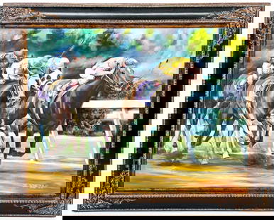Zbigniew Nyczak Large Original Oil (Horse Racing): [Horse Racing] Zbigniew Nyczak Large Original Oil (Stretch Run). Measures 36 x 48 inches image size and 46 x 58 x 2 inches framed. Excellent condition. For purposes of shipping; this items measures