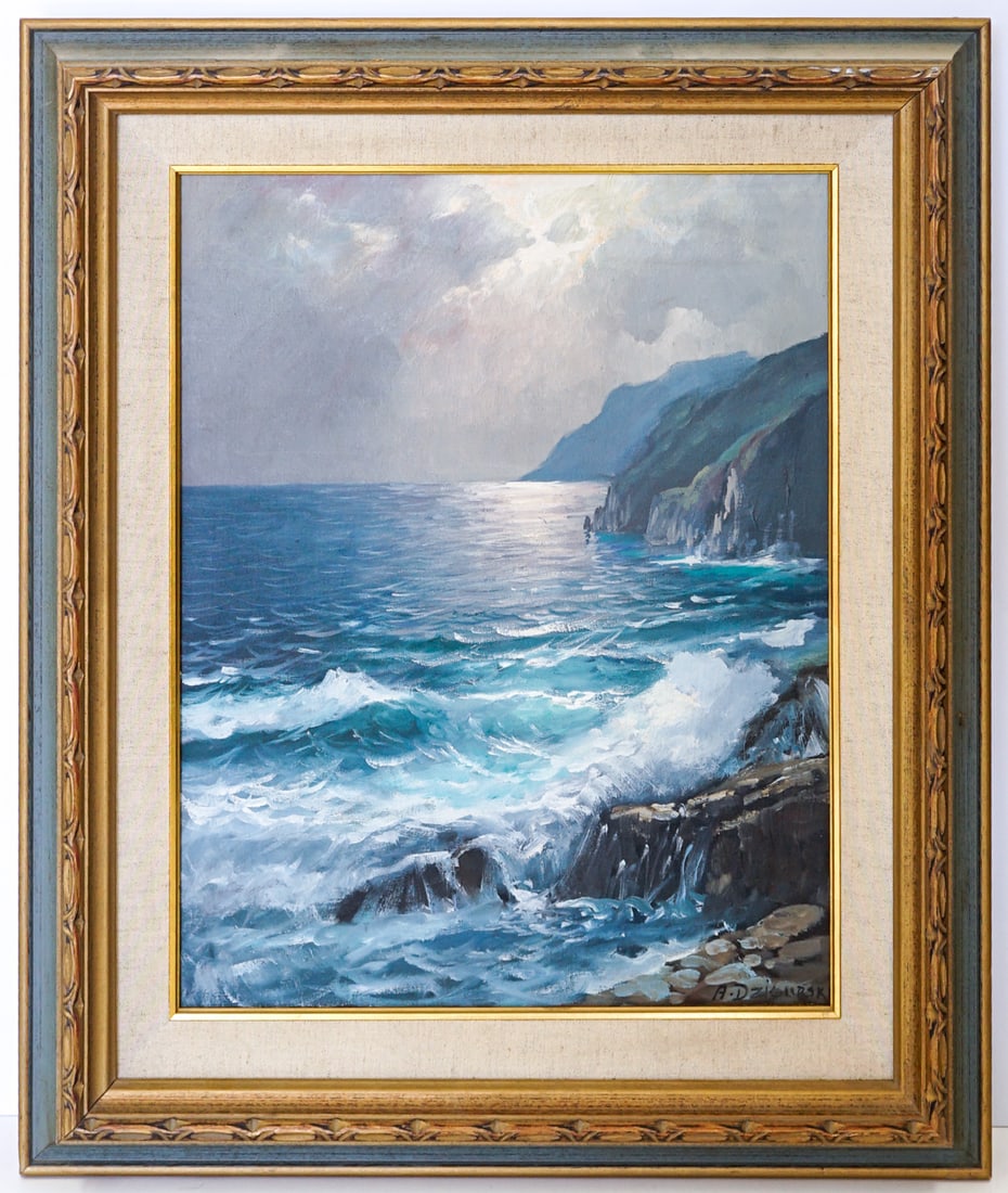 Alexander Dzigurski Original Oil on Canvas: Titled "Carmel Moonlite". Measures 14 x 18 inches image size and measures 20 x 24 x 2 inches framed. Excellent condition with no damage, no repairs, no inpainting. The absence of a condition report do