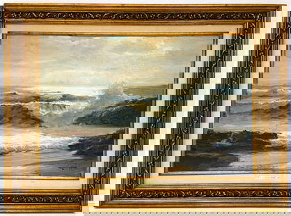 Robert William Wood Large Oil on Canvas: Signed, titled and dated "Western Shore, 1971". Measures 24 x 36 inches image size and 34 x 46 x 3 inches framed. Weighs approximately 10 pounds. Excellent condition with no damage, no repairs, no