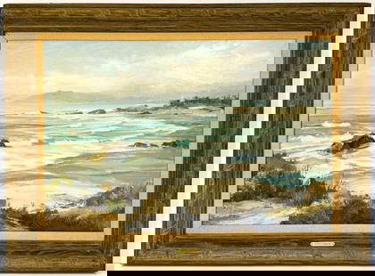 Bennett Bradbury Large Oil [Mendocino Coast]: Bennett Bradbury Large Oil on Canvas [Mendocino Coast]. Measures 24 x 36 inches image size and 33 x 44 x 3 inches framed. Weighs approximately 15 pounds. Excellent condition with no damage, no