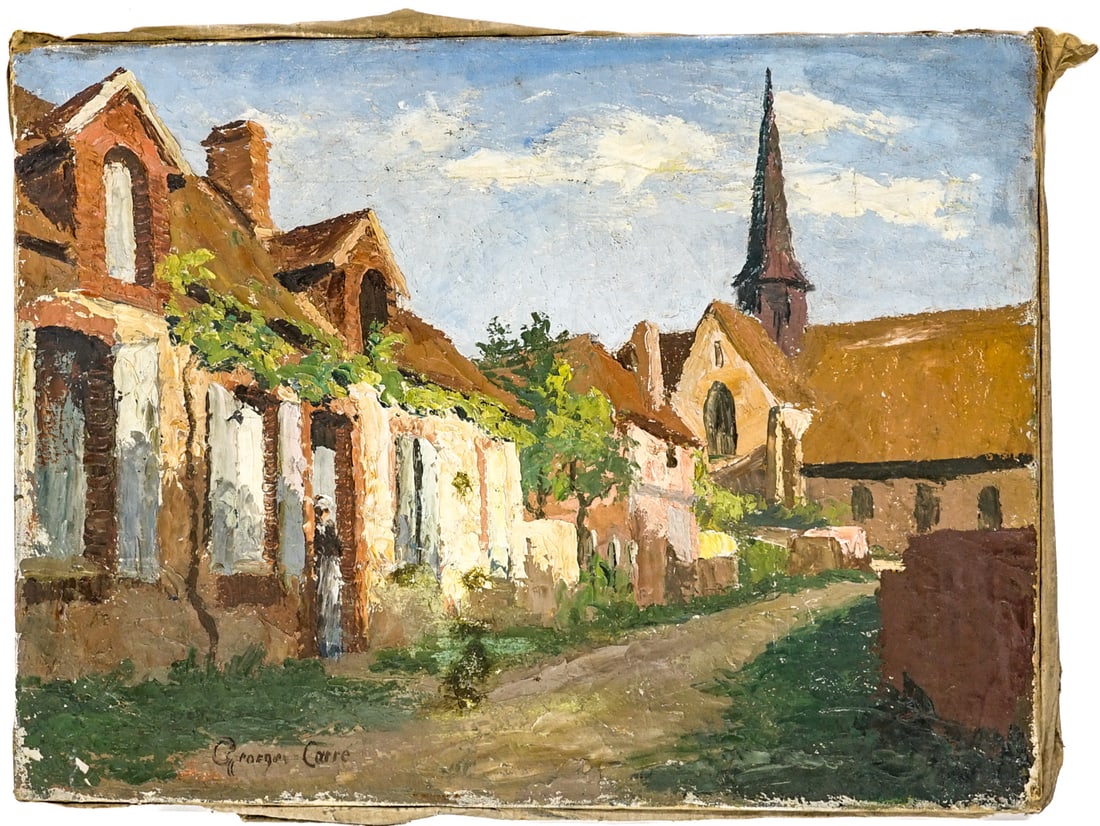 Georges Henri Carre Oil on Canvas [Church]: Georges Henri Carre (France, 1878-1945) oil on canvas stretched on wood frame. Signed lower left. Repairs, inpainting at spot of repairs. Measures 8 in. x 24 in. x .75 in. Painting framed measures 18 