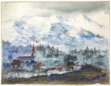 Ernst Huber Original Watercolor Mountains, Church
