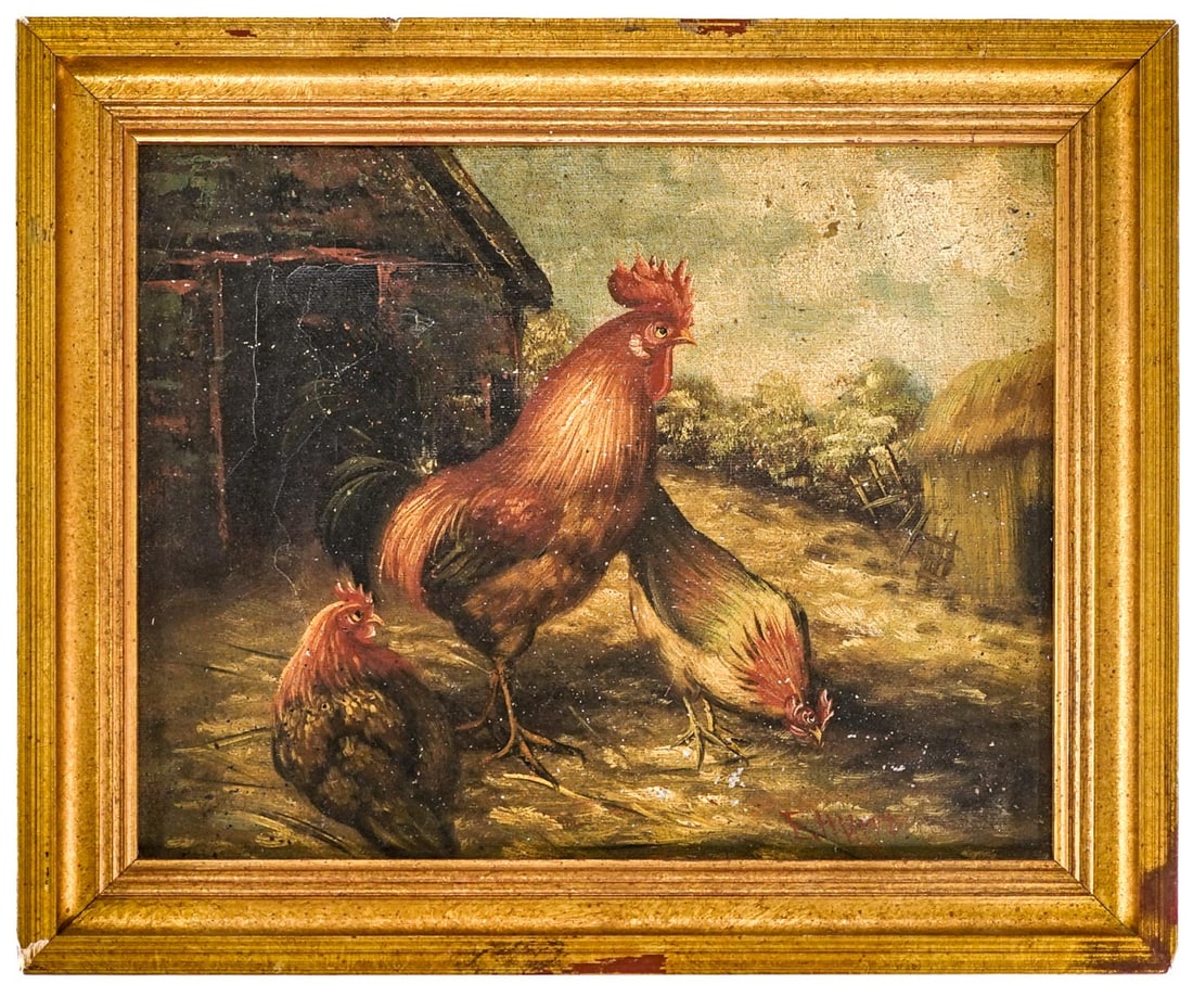 E. Hunt Oil on Canvas [Barnyard Chickens] (1 of 4)