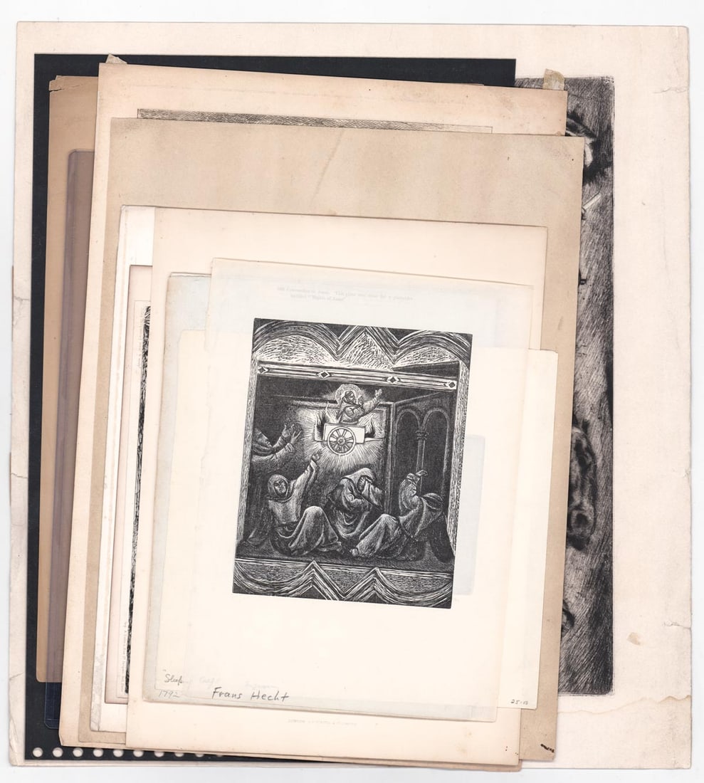 Vintage / Antique (12) Prints: Twelve (12) prints measure 5.75 in. to 17 in. x 9.75 in. to 18.5 in. Artists include: Victoria Huntley; Frans Hecht; and others. Unframed, loose and not glued or mounted. Note one is tipped in to pape