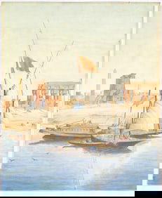 Large Antique Watercolor [Sailboat; Ancient Ruin]