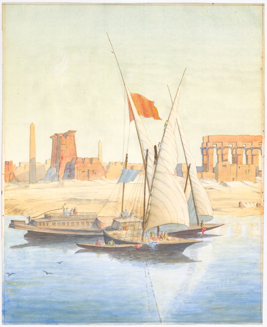 Large Antique Watercolor [Sailboat; Ancient Ruin] (1 of 2)