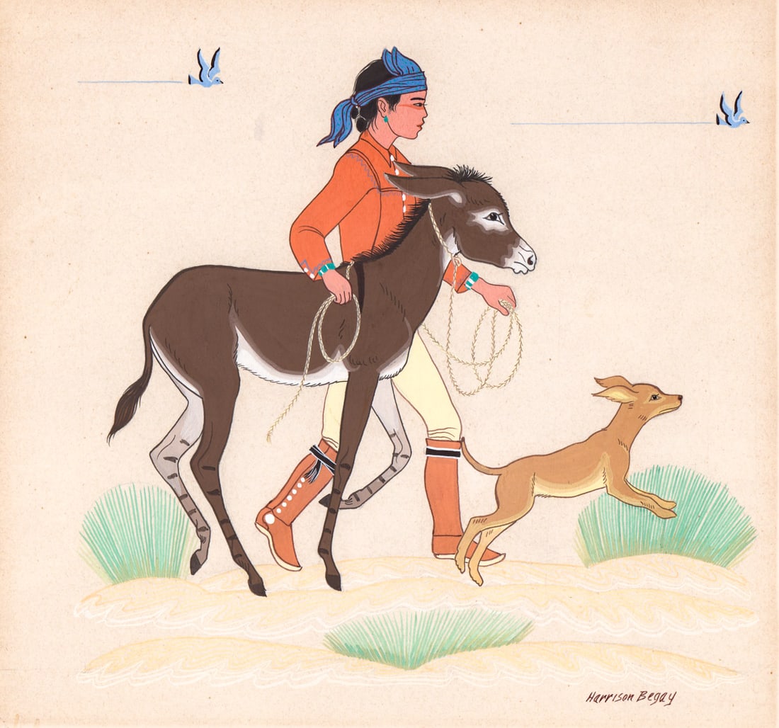 Harrison (Haskay Yahne Yah) Begay: Harrison (Haskay Yahne Yah) Begay original gouache on paper. Measures 7 x 7 inches image size and 9.5 x 9.25 inches sheet size. Unframed, loose and not glued or mounted. Good condition with light even
