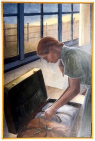 Stephanie J Frostad Oil on Board [Woman-Suitcase]