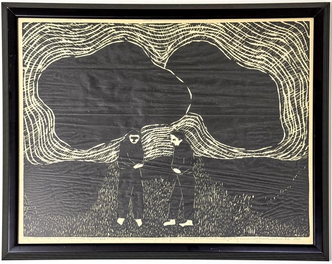 Juana Lecaros Original Woodcut Framed: Juana Lecaros (Chilean, 1920-1993) original woodcut pencil signed and dated 1962. Site size measures 20.5 in. x 26.75 in. Frame measures 23.625 in. x 29.875 in. x 1 in. Provenance: Estate collection o