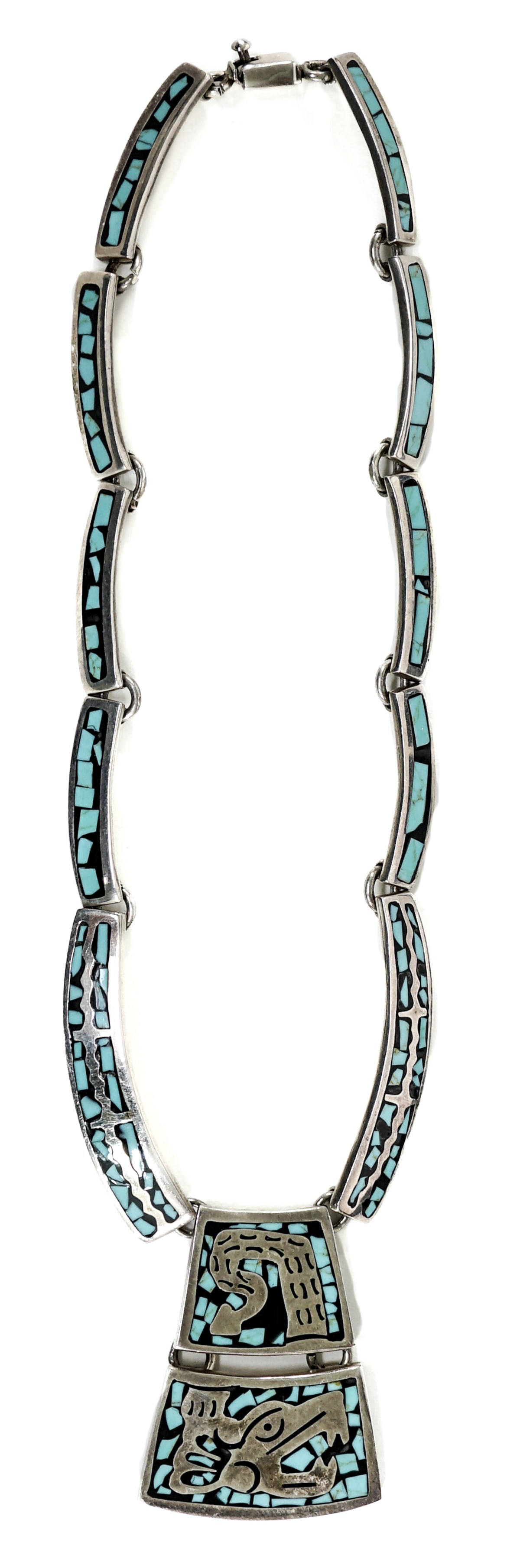 Taxco Mexico .950 Sterling Necklace w/ Turquoise: Taxco, Mexico sterling necklace with inlaid turquoise. Choker style measures 5 in. diameter, the pendant measures 2 in. long x 1.5 in. wide. Necklace measures 3.5 in. H x 3.5 in. W x 1 in. D for shipp