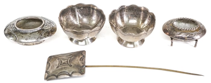 Sterling Miniature (4) Table Salts; 1 Stickpin