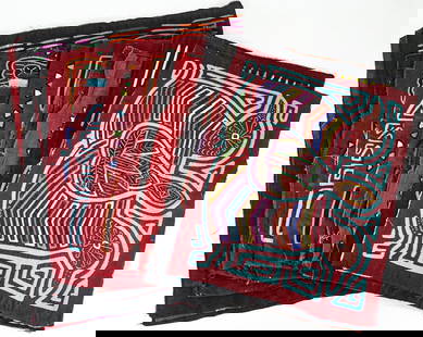 Vintage (8) Molas [Textile Art]: Eight (8) vintage molas. Measure approximately 10.25 in. x 13.5 in. to 27 in. x 17 in. Lot textile art measures 14 in. H x 10 in. W x 2 in. D for shipping purposes only. The absence of a condition rep