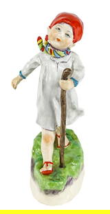 Royal Worcester Figurine 'Girl Walking Stick': Royal Worcester 'Thursday's Child' porcelain figurine. Model 3260. Measures 6 in. tall. No evidence of chips or repairs. Figurine measures 6 in. H x 3.25 in. W x 2 in. D for shipping purposes only. Th