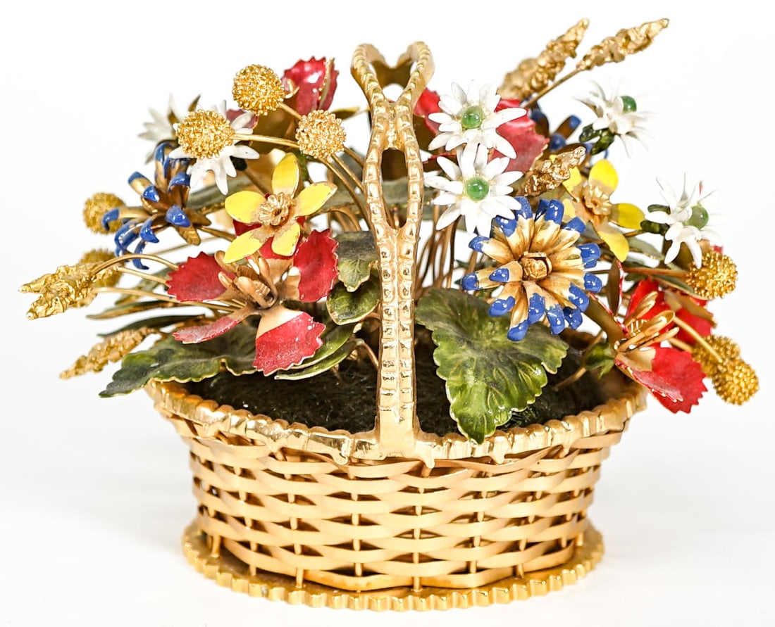 Vintage Floral Basket by Jane Hutchenson: Vintage metal and enameled floral arrangement by Jane Hutchenson. Measures 4 in. H x 5.25 in. W x 3.5 in. D for shipping purposes only. Some paint loss on flower petals. The absence of a condition rep