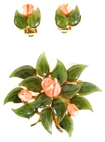 Swoboda Jade, Coral & Gold Leaf Brooch/Earrings