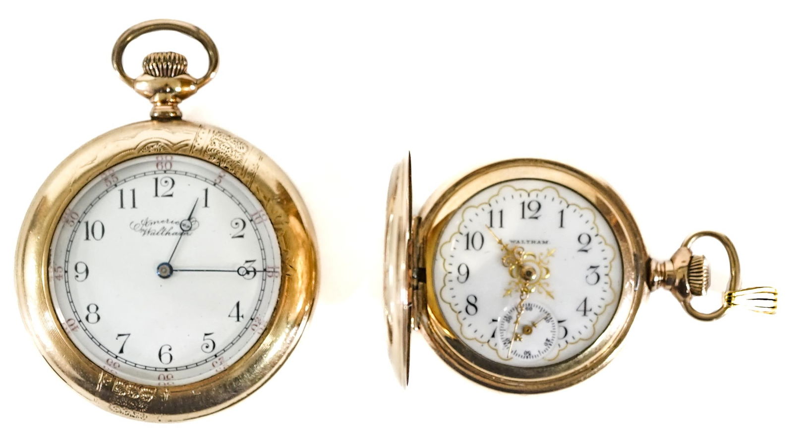 Waltham & American Waltham Pocket Watches: Includes two antique pocket watches, one measuring 34 mm diameter (entire watch case) and one measuring 43 mm diameter (entire watch case). Neither are functioning. For shipping purposes measures 3 x