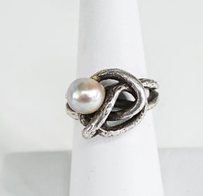 ORB Vintage Sterling Modernist Ring with Pearl