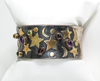 Gold Stars & Moon Vintage Sterling Silver Bracelet