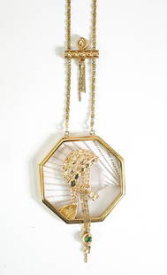 Erte "Aventurine State" 14K Gold Pendant Necklace: Erte "Aventurine State" 14K Gold Pendant Necklace. Pendant measures1.5 x 1.5 inches, measures 24 inches length and weighs 22.57 grams. Excellent condition. For shipping purposes measures 4.5 x 4 x 2 i