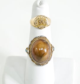 Chinese Silver & Enamel Agate Ring + 14lk Ring