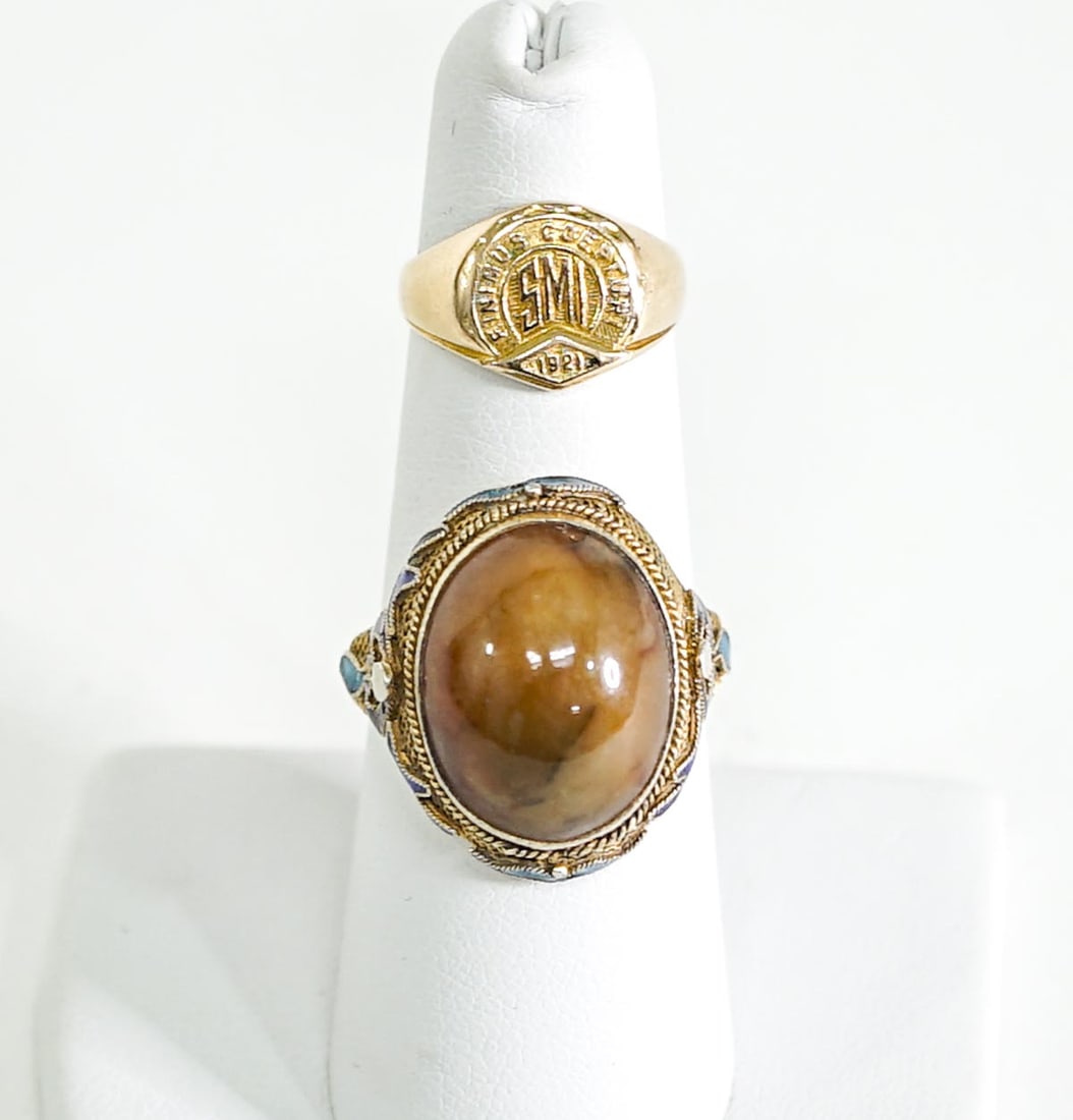 Chinese Silver & Enamel Agate Ring + 14lk Ring (1 of 5)