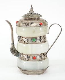 Chinese Jade and Silver 8 IN Teapot