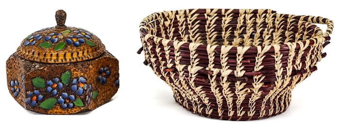 Treenware Lidded Box; Pine Needle Basket