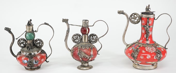 Chinese Teapots (3) Porcelain, Jade Silver Mounts