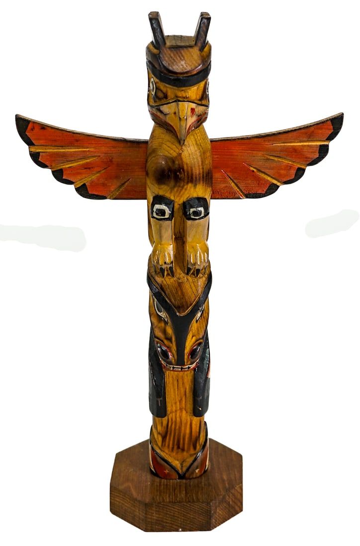 Northwest Coast Wood 9IN Totem Signed: Northwest Coast wood carved totem signed underside. Measures 9.5 in. H x 6 in. W x 2.625 in. D. Totem measures 9.5 in. H x 6 in. W x 2.625 in. D for shipping purposes only. The absence of a condition 