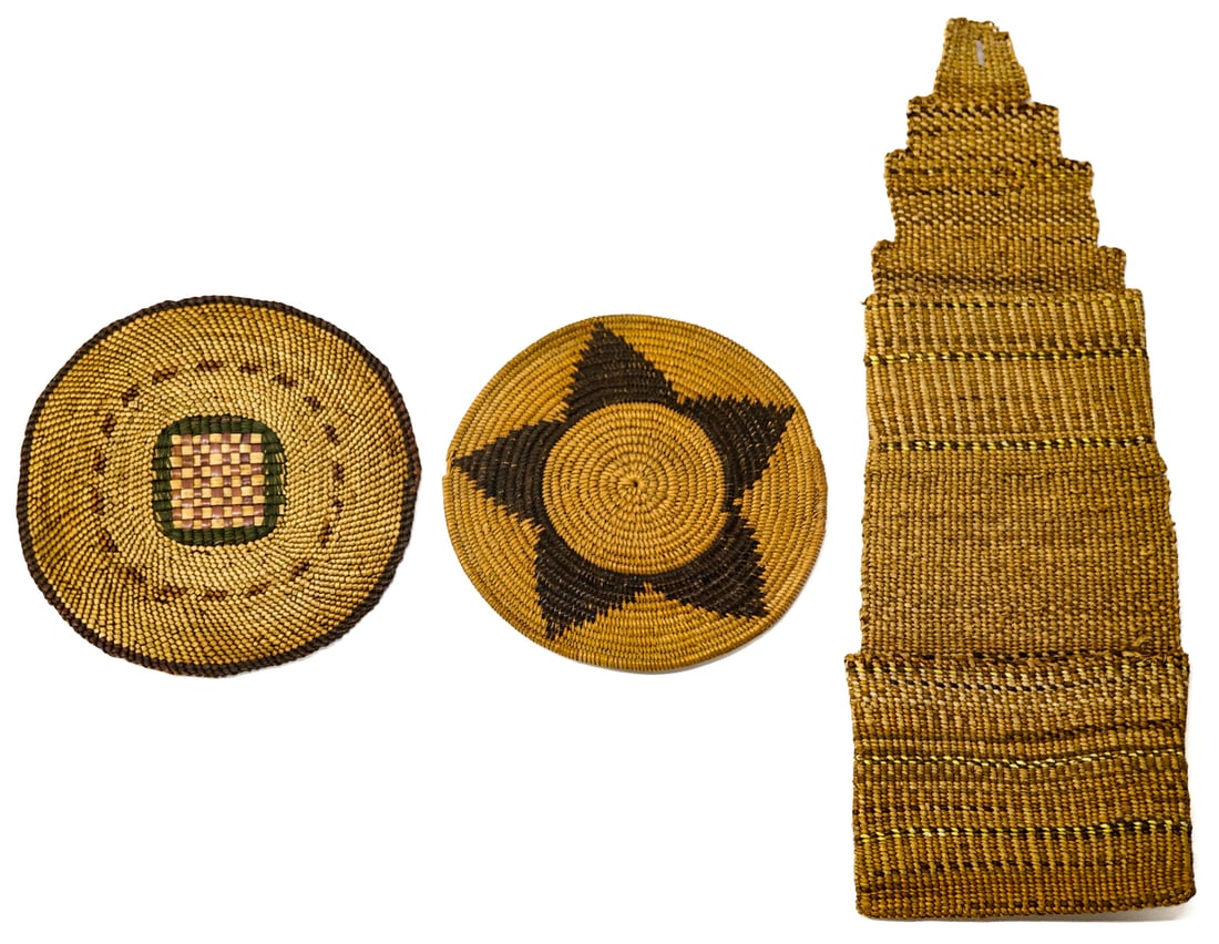 Basketry (3) Pieces [Hanging Letter Holder]: Three (3) pieces include: 15 in. hanging letter holder; 5.75 in. doily; 6.25 in. doily. Basketry lot measures 15 in. H x 6.25 in. W x .75 in. D for shipping purposes only. The absence of a condition r