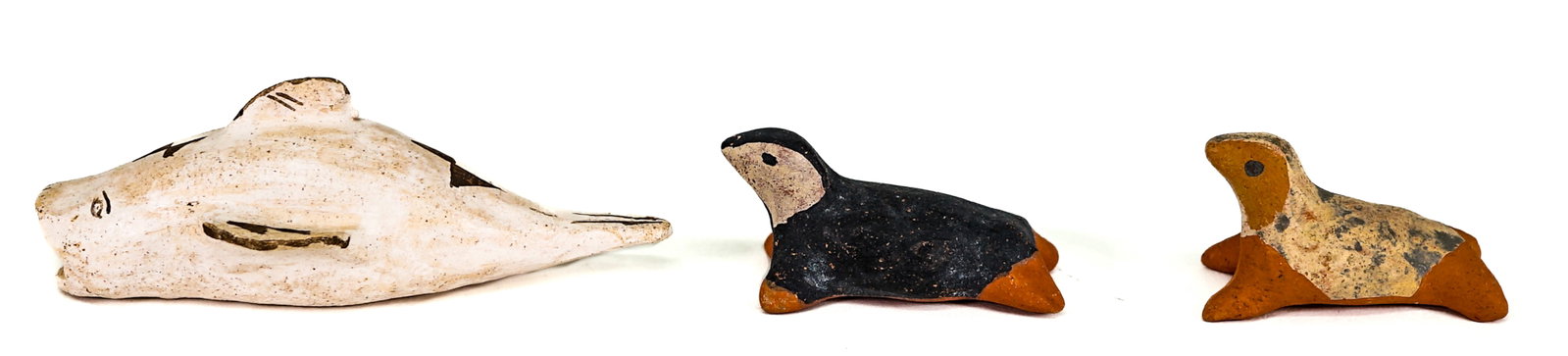 Pottery (3) Figurals [G. Lewis, Acoma]: Three (3) pottery figurals. The fish is signed G. Lewis, Acoma N.M. Measure 2 in. to 3.75 in. long. No evident cracks or repairs. Pottery measures 1.25 in. H x 3.5 in. W x 3.5 in. D for shipping purpo