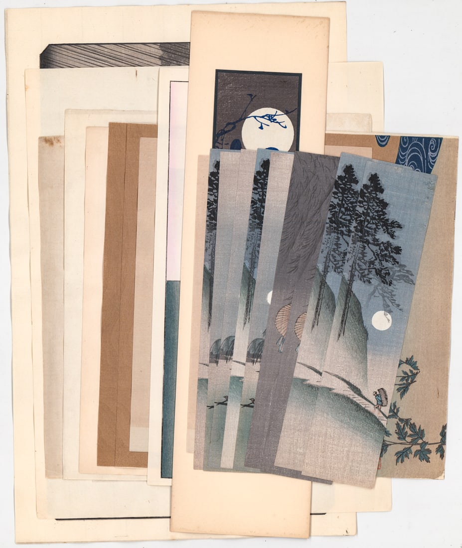 Japanese (20) Woodblock Prints [Scenic, People]: Twenty (20) Japanese woodblock prints. Includes multiples. Lot measures 15.5 in. x 10.5 in. Provenance: Estate collection of William Greenbaum, Gloucester, Massachusetts, Proprietor of William Greenba