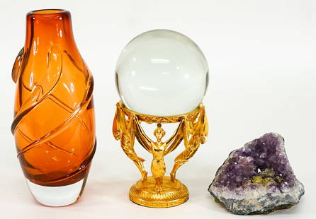 Three Pieces of Art Glass: Includes a signed Kingwell art glass vase (8.75 inches tall), a Franklin Mint crystal ball on stand (ball 4 inches diameter, stands 7.75 inches tall on stand) and one other piece. For shipping purpose
