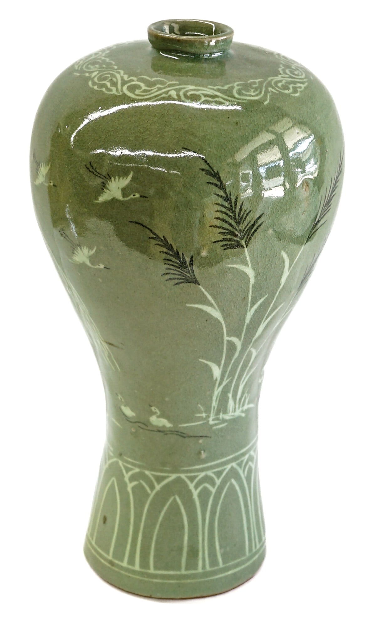 Large 15IN Korean Celadon Vase [Cranes] (1 of 8)