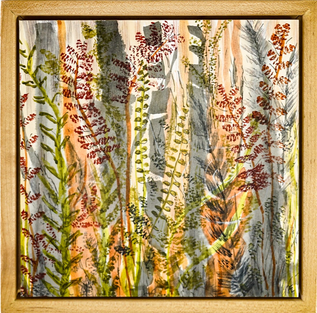 Angie Evenden Watercolor and Ink Mounted: Angie Evenden (Missoula, Montana) original watercolor and ink on paper mounted on wood panel. Titled 'Imagined'. Measures 7.125 in. x 7.125 in. x 1.5 in. Provenance: Estate of Maureen "Mo" Gary (Lolo,