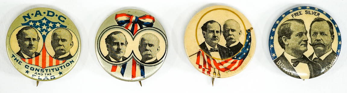 Antique Political Pinback Buttons (4): [Estate Find] Antique Political Pinback Buttons. Includes 1. Pinback button promoting William Jennings Bryan for president and Arthur Sewall for vice president, 1896. Whitehead & Hoag Co., Newark, NJ.