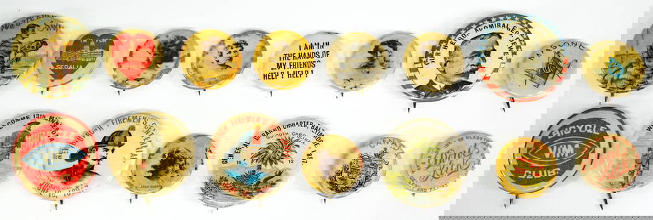 (15) Antique Pinback Buttons: (15) Antique Pinback Buttons. They measure .875-1.25 inches diameter. Mixed condition. The absence of a condition report does not imply that the lot is in perfect condition or completely free from wea