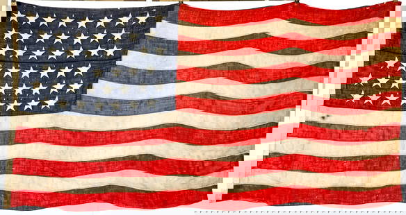 44 Star Antique US Flag: Measures 62 x 118 inches. Good condition. The absence of a condition report does not imply that the lot is in perfect condition or completely free from wear and tear, imperfections, or the conditions